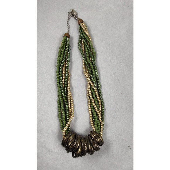 Statement Choker Style Necklace 7 Twisted Strands and Several Rings Greens Gold - Picture 3 of 4